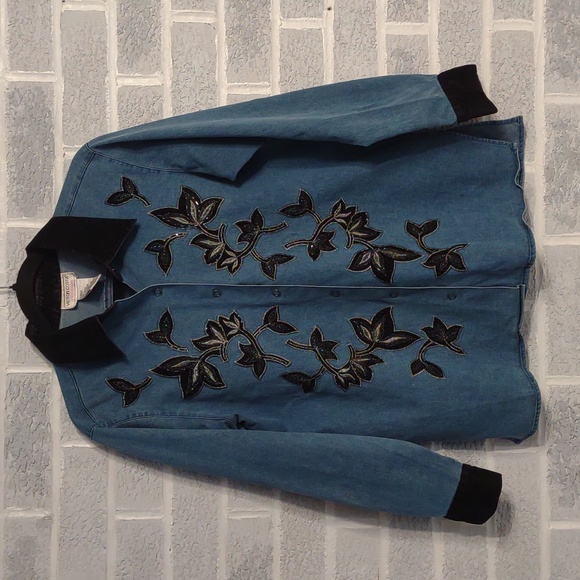 Vintage Victor Costa Women's Denim with Black Velvet Trim Beaded Jacket Small - Picture 3 of 16